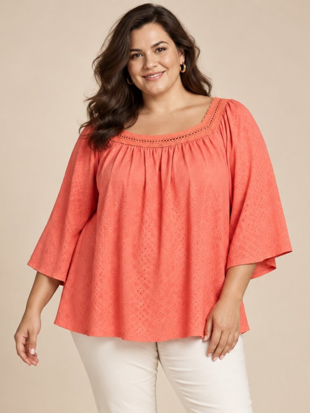 Adrienne Vittadini Coral Eyelet Bell-Sleeve Tunic Blouse 2X